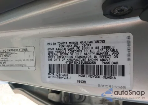 2003 Toyota Camry Xle V6 z USA, uszkodzony, nr VIN 4T1BF30K33U550358